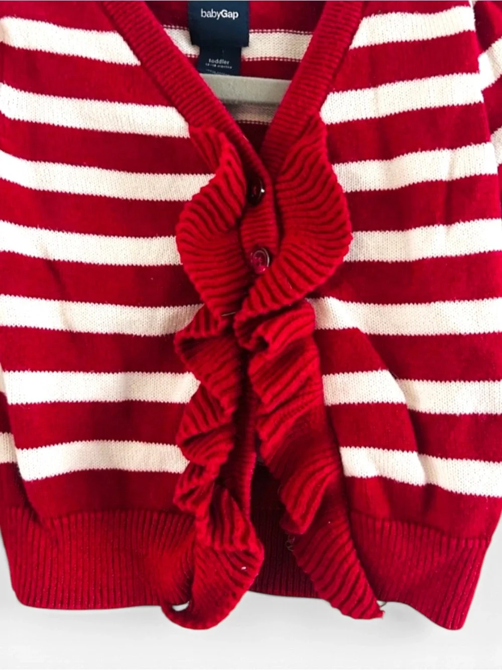 ⁠Baby GAP Girls Size 12-18M Red White Striped Ruffle Front Button Cardigan Sweat